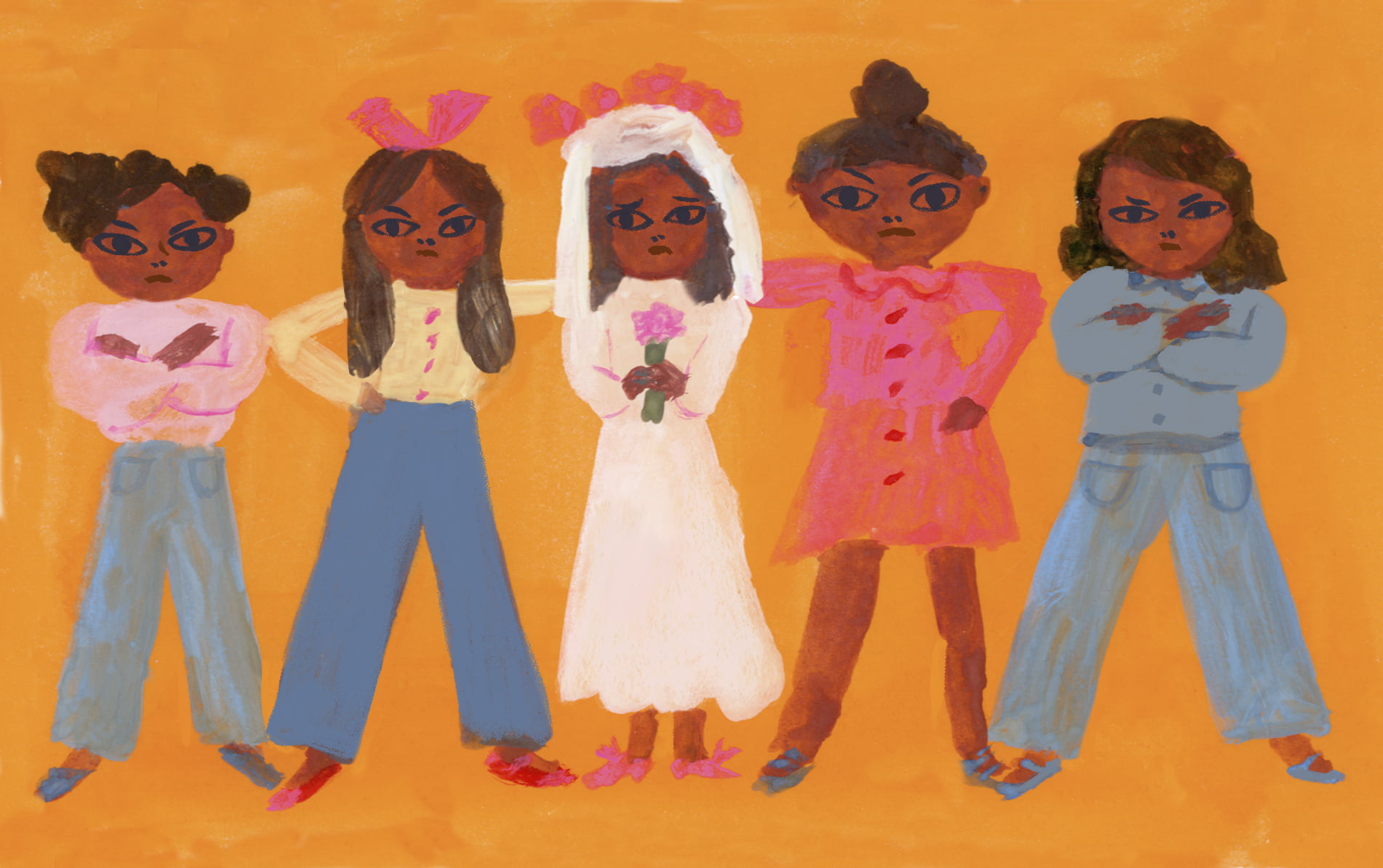 Vesiväreillä maalattu kuva, jossa näkyy lapsimorsian ja vihaisia tyttöjä.