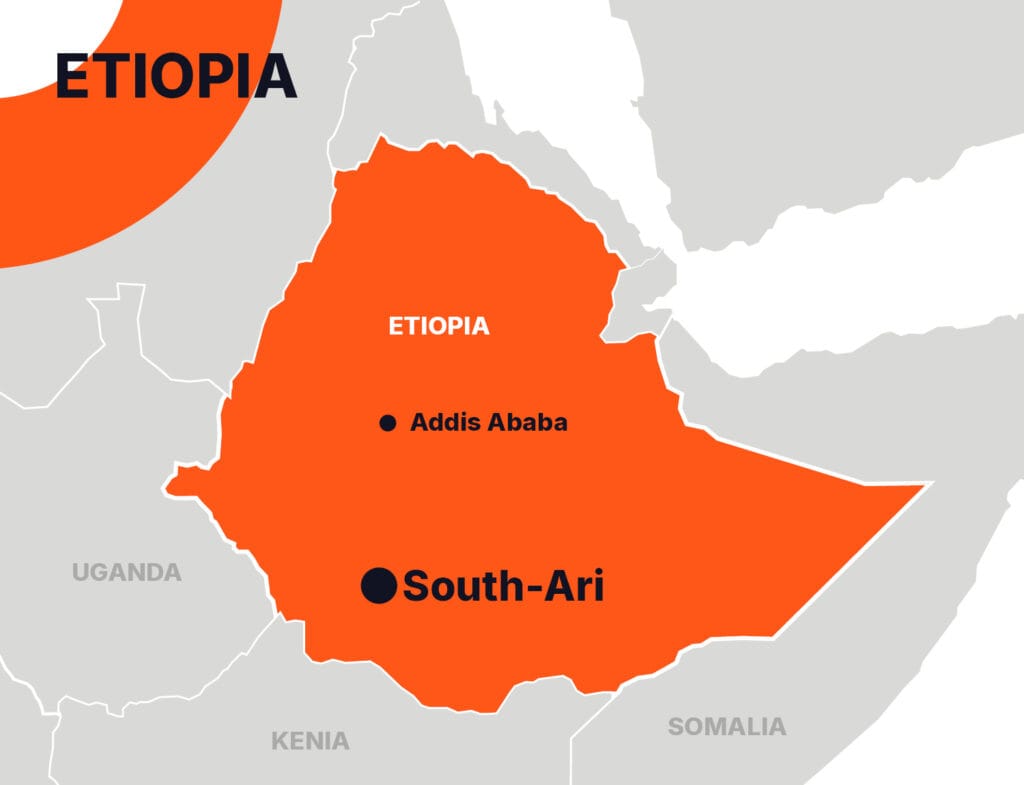 Kartta South Arin sijainnista Etiopiassa. South Ari sijaitsee Etelä-Etiopiassa suoraan Addis Ababan alla.