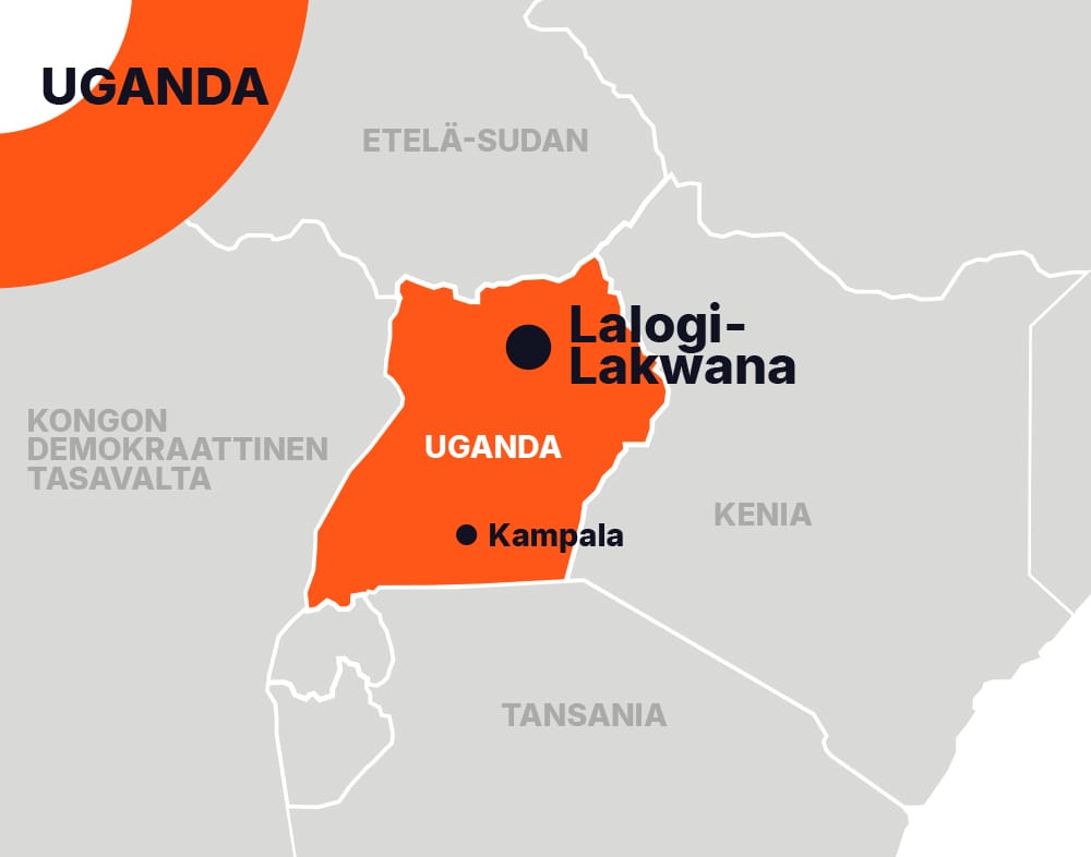 Ugandan kartta, jossa näkyy Lalogi-Lakwanan sijainti.