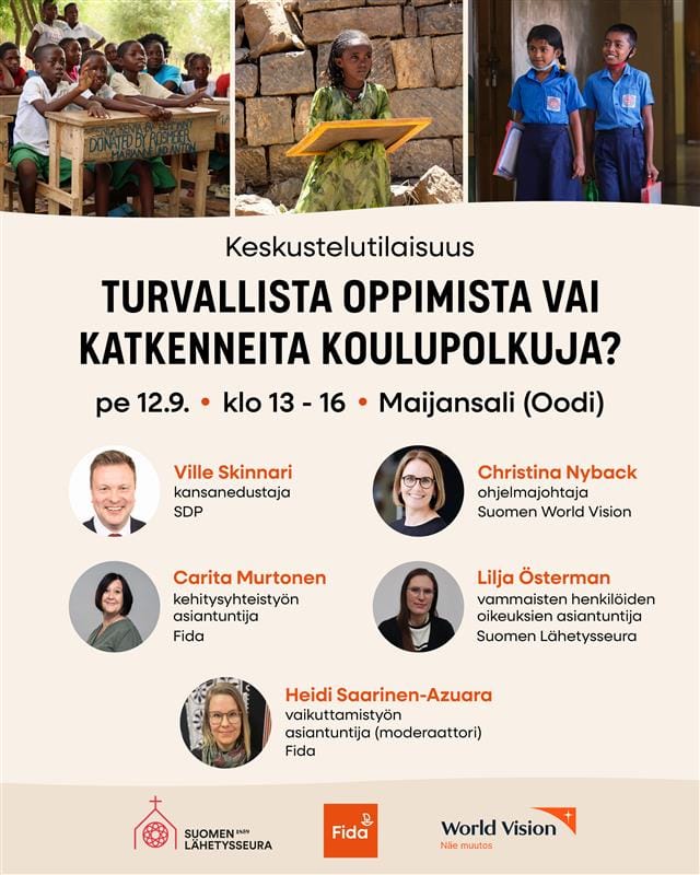 Juliste Oodin keskustelutilaisuudesta. Julisteessa kuvat osallistujista: Ville Skinnari, kansanedustaja, Christina Nyback, ohjelmajohtaja, Suomen World Vision, Carita Murtonen, Fida, Lilja Österman, Lähetysseura, Heidi Saarinen-Azuara, Fida