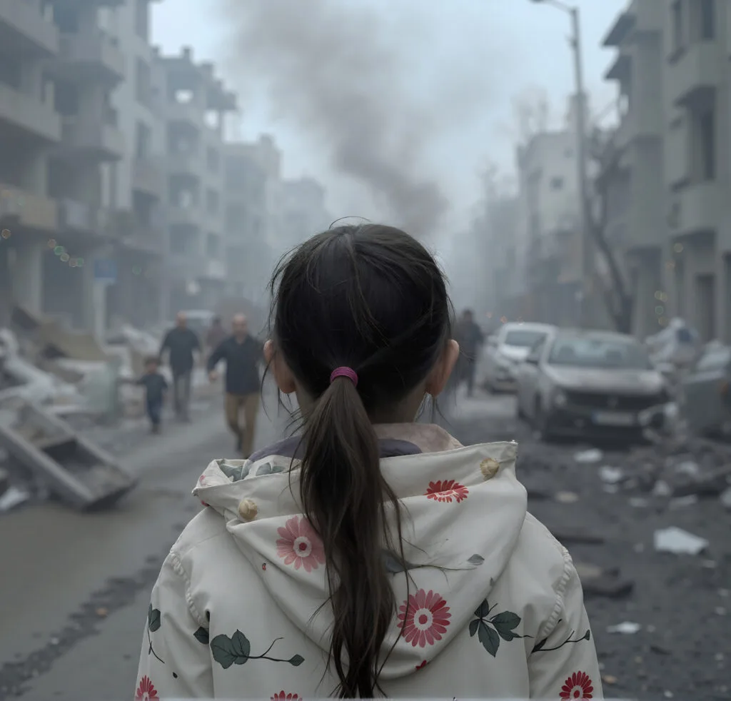 Tyttö kuvattu takaa kun katsoo edessään oleva pommitettu katu.