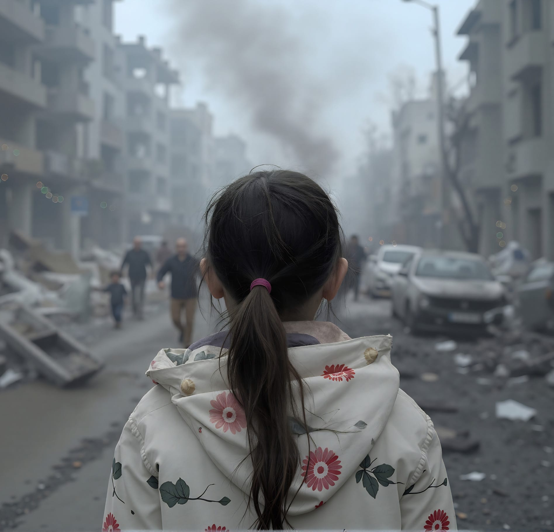 Tyttö kuvattu takaa kun katsoo edessään oleva pommitettu katu.