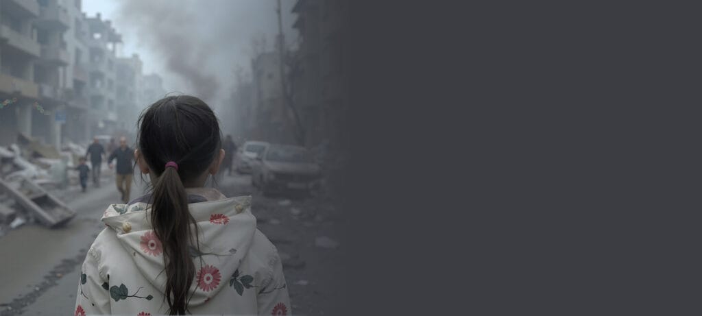 Tyttö kuvattu takaa kun katsoo edessään oleva pommitettu katu.