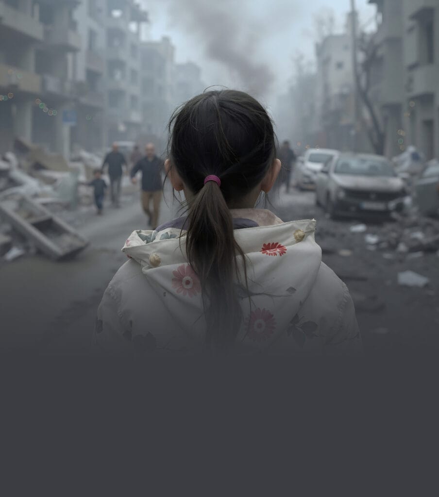 Tyttö kuvattu takaa kun katsoo edessään oleva pommitettu katu.