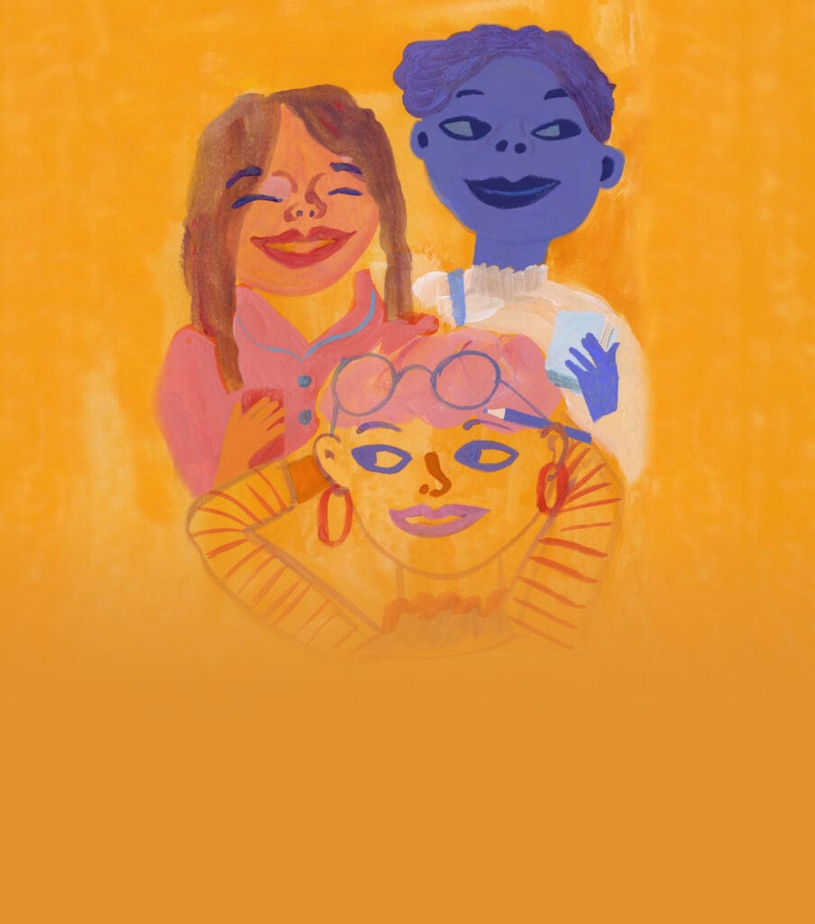 Kuvituskuva jossa kolme tyttöä